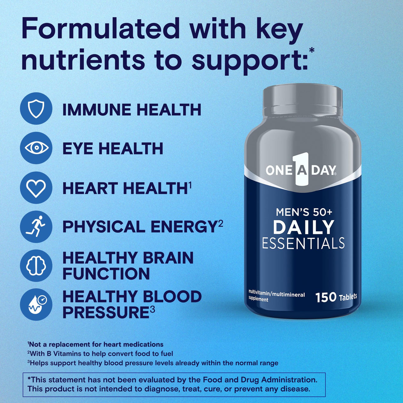 One A Day Men's Multivitamin 50+ Daily Essentials | Multivitamin for Men 50 Plus Supports Immune Health, Healthy Brain Function & Physical Energy | Vitamins for Men with Vitamin C & Zinc, 150 Count