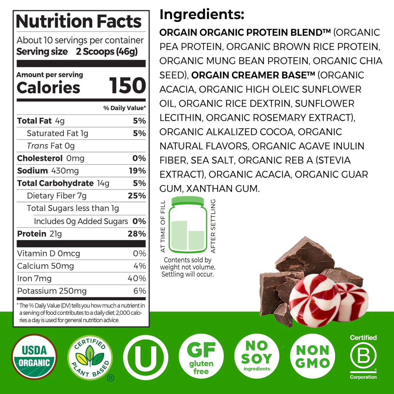 Orgain Organic Vegan Protein Powder, Peppermint Hot Cocoa Holiday Flavor - 21g of Plant Protein, 5g Prebiotic Fiber, No Lactose Ingredients, No Added Sugar, Non-GMO, For Shakes & Smoothies, 1.02 lb