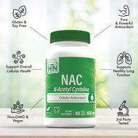 Thumbnail for Health Thru Nutrition NAC N-Acetyl-Cysteine 600mg 60 Capsules | Vegan Certified | The Purest NAC Supplement | Supports Healthy Lung, Liver Functions & Cellular Health | Non-GMO Soy & Gluten Free