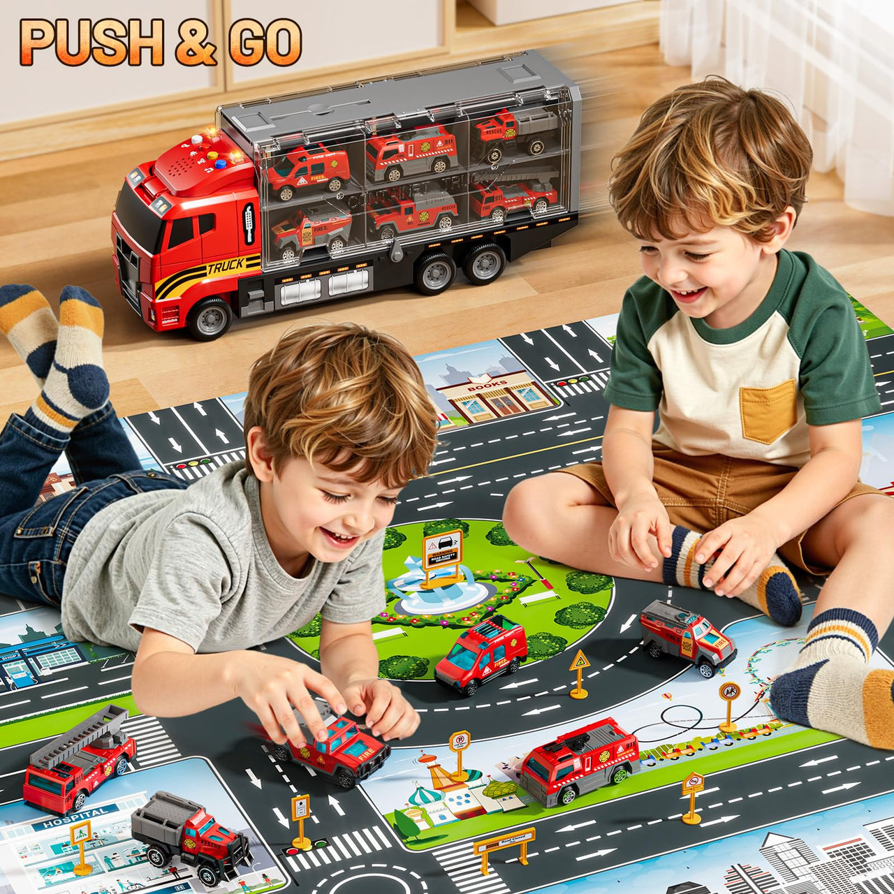 XINNOVEL Carrier Truck Toddlers Toys for 3 4 5 6 7 Years Old Boys, Toy Truck Transport Car & Die-Cast Car and Play Mat, Fire Toys Birthday Gifts for Kids 3 4 5 6 7 8+ Years Old Boys Girls