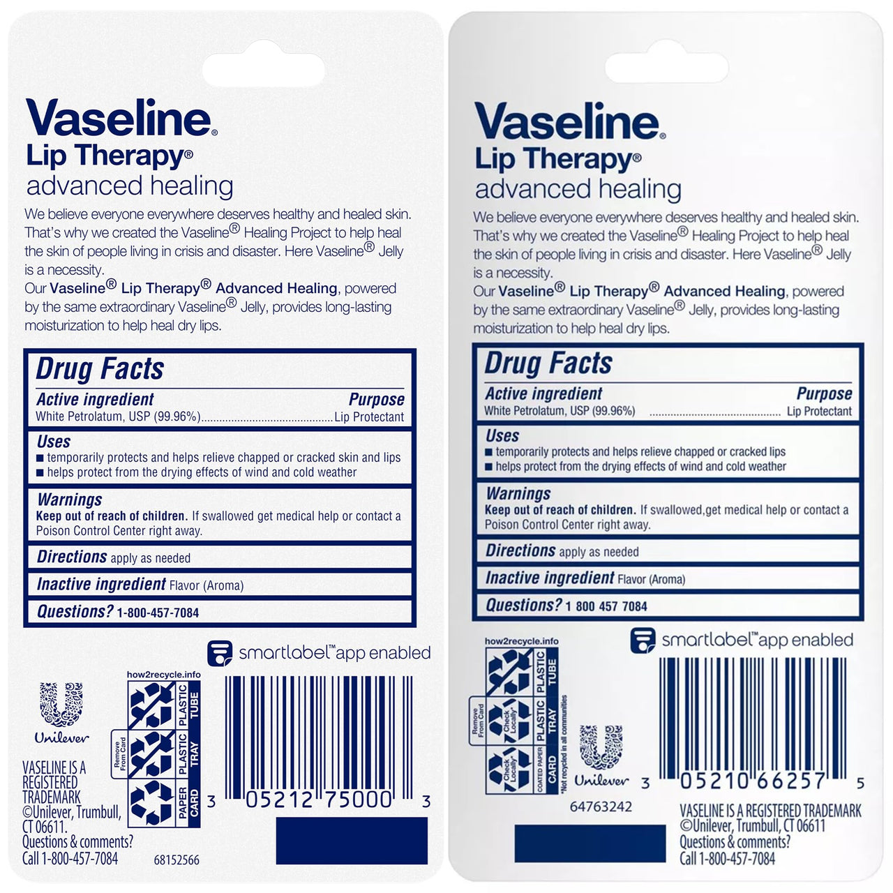 Vaseline Lip Therapy Advanced Healing 3-Pack – White Petroleum Moisturizing Lip Balm for Extremely Dry Lips, 0.35 Oz Ea