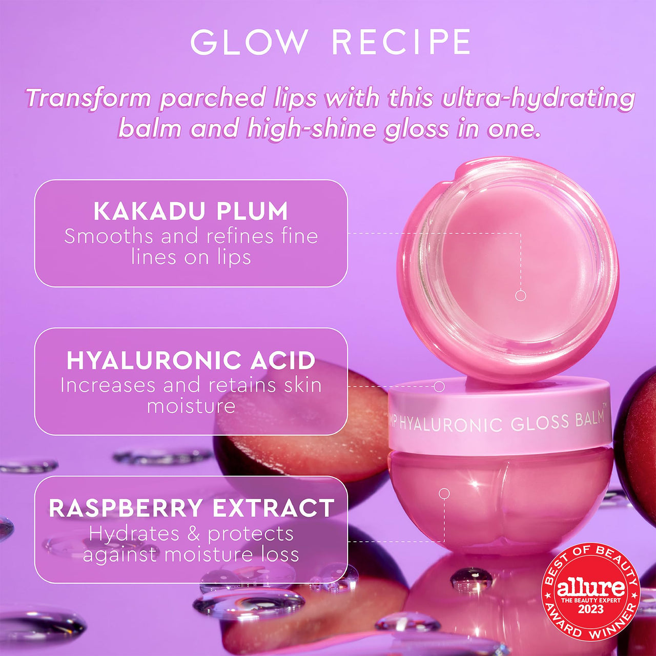 Glow Recipe Hyaluronic Acid Plumping Lip Balm for Women & Men - Clear, Hydrating High-Shine Gloss + Overnight Dry Lips Treatment for a Smooth, Fuller Look - Makeup Prep, Korean Skin Care, 15ml