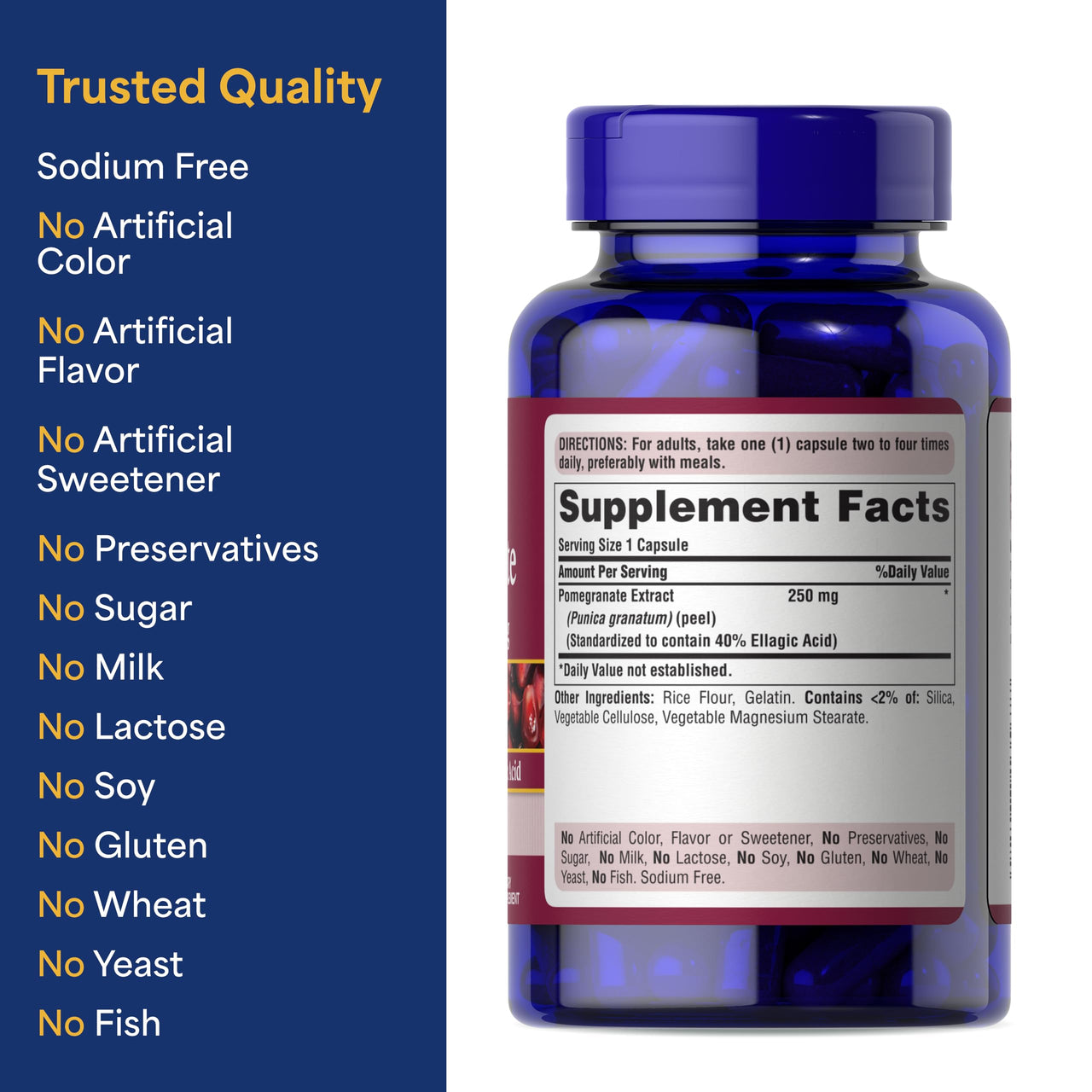 Puritan's Pride Premium Pomegranate Extract 250mg, Dietary Supplement for Antioxidant Health and Healthy Aging Program, 40% Ellagic Acid,120 Rapid Release Capsules (Packaging May Vary)