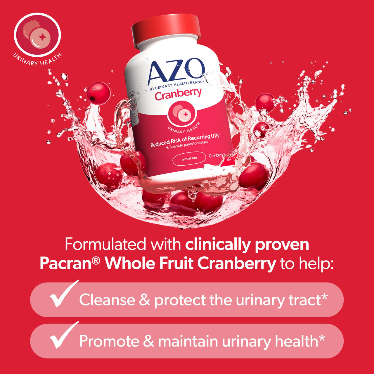AZO Cranberry Supplement, Made with Concentrated Whole Fruit Cranberry Powder to Help Cleanse and Protect the Urinary Tract*, Sugar Free Cranberry Pills, Non-GMO, 100 Softgels