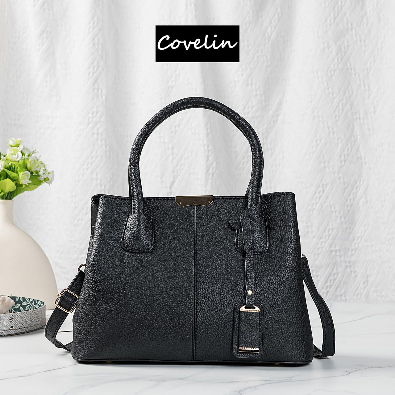 Covelin Women's Top-handle Cross Body Handbag Middle Size Purse Durable Leather Tote Bag Black