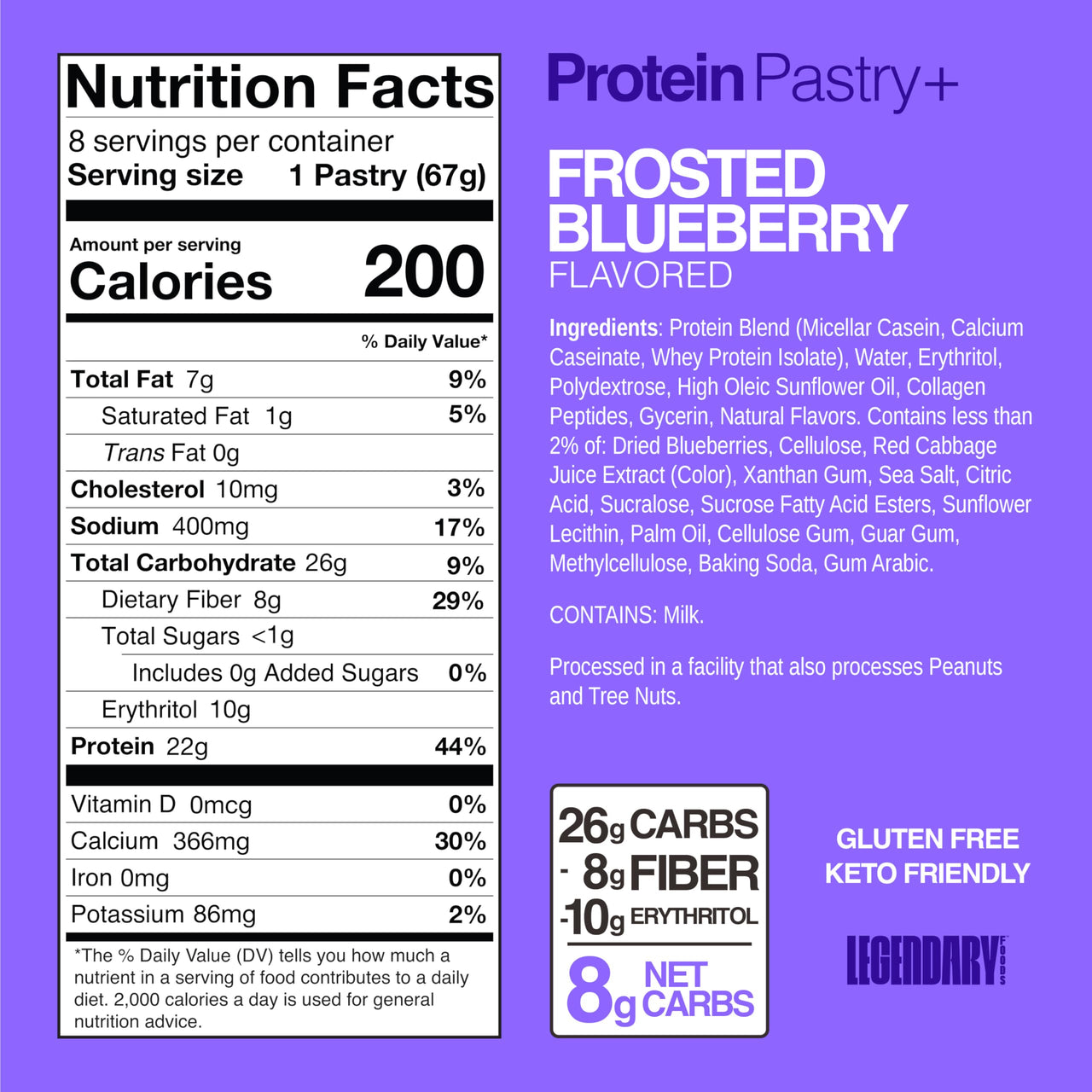 Legendary Foods 22g Protein Pastry 0g Added Sugar, Low Carb, Gluten Conscious, Keto Snack, Ideal for Glucose Management, Includes Whey Protein Isolate, 8 Pack Frosted Blueberry
