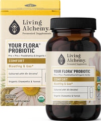Thumbnail for Your Flora Probiotic Comfort â€“ Non-GMO Probiotics with Fermented Soybean, Chamomile, Fennel, Prebiotics, Digestive Enzymes for Digestion & Bloating â€“ Prebiotics, Postbiotics â€“ Living Alchemy, 60 Pcs