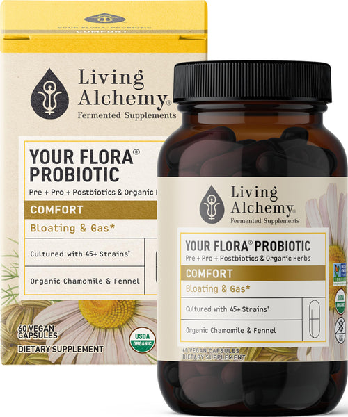Your Flora Probiotic Comfort â€“ Non-GMO Probiotics with Fermented Soybean, Chamomile, Fennel, Prebiotics, Digestive Enzymes for Digestion & Bloating â€“ Prebiotics, Postbiotics â€“ Living Alchemy, 60 Pcs