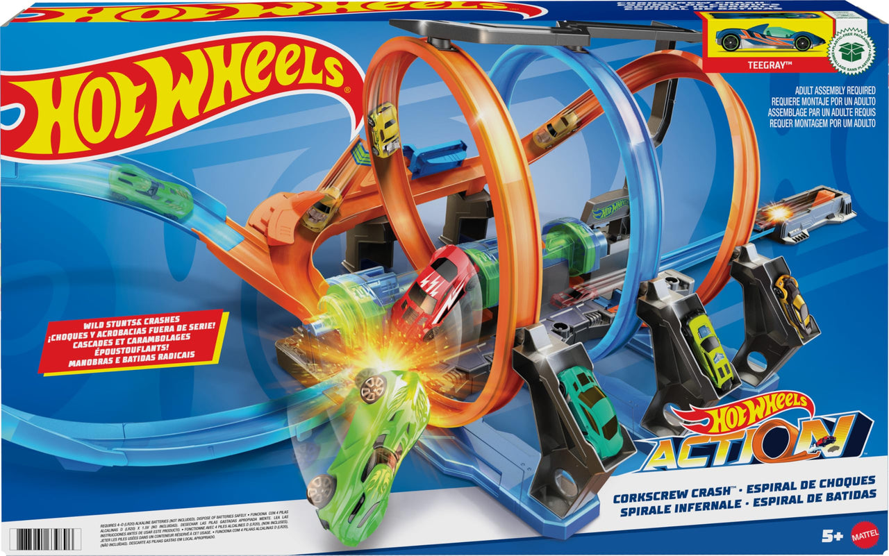 Hot Wheels Track Set and Toy Car, Large-Scale Motorized Track with 3 Corkscrew Loops, 3 Crash Zones and Toy Storage (Amazon Exclusive)