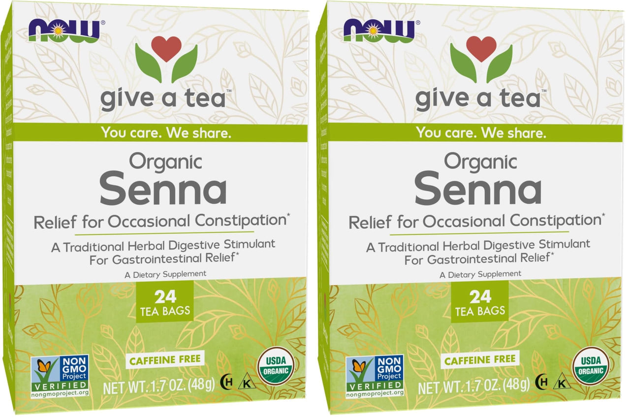 NOW Foods, Certified Organic Senna Tea, Caffeine Free, Relieving, Non-GMO, Premium Unbleached Tea Bags with No-Staples Design, 24-Count (Pack of 2)