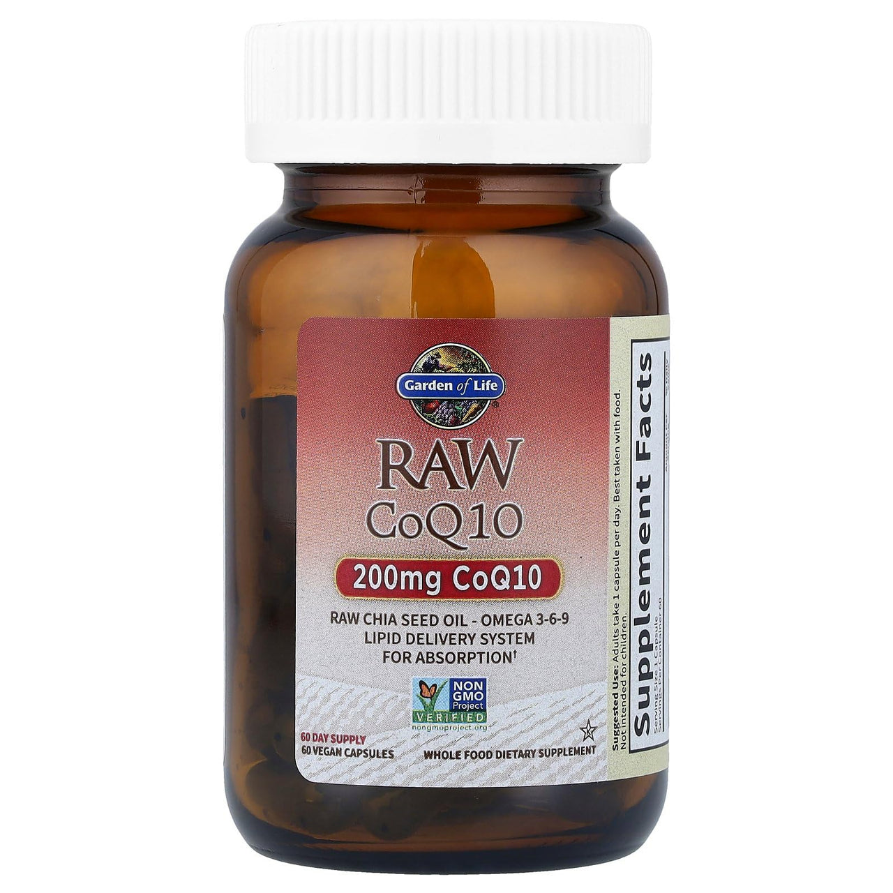 Garden of Life CoQ10 200mg, Vegetarian Omega 3 6 9 Supplement Raw Co Q 10 Chia Seed Oil, Whole Food Nutrition with Antioxidant Support, Coenzyme q10 Supplement for Heart Health, 60 Capsules