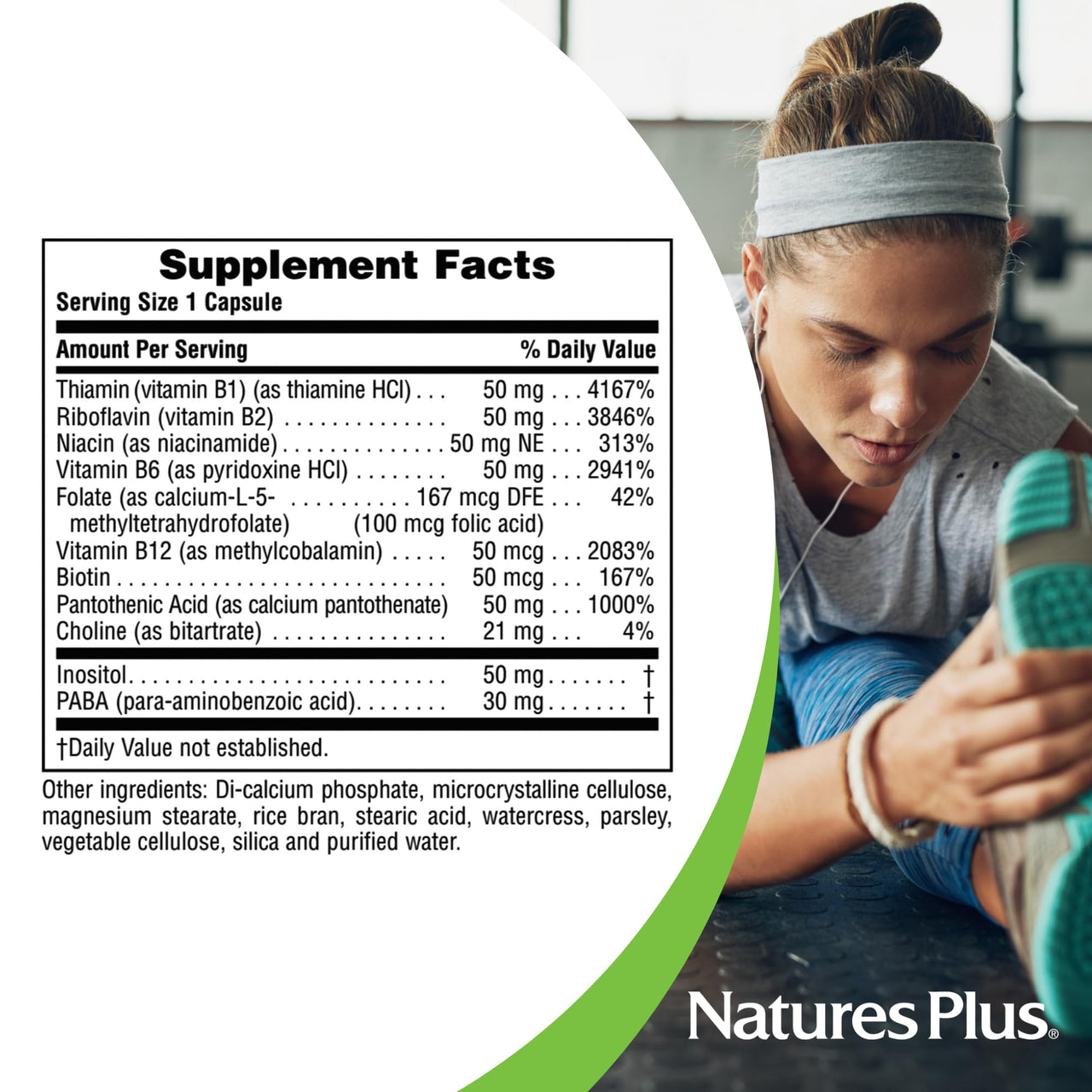 NaturesPlus Super B-50 - High-Potency B Complex Vitamin with Choline, Inositol & PABA - Supports Energy, Recovery & Healthy Skin and Hair - Vegan, Gluten Free - 90 Capsules, 90 Servings