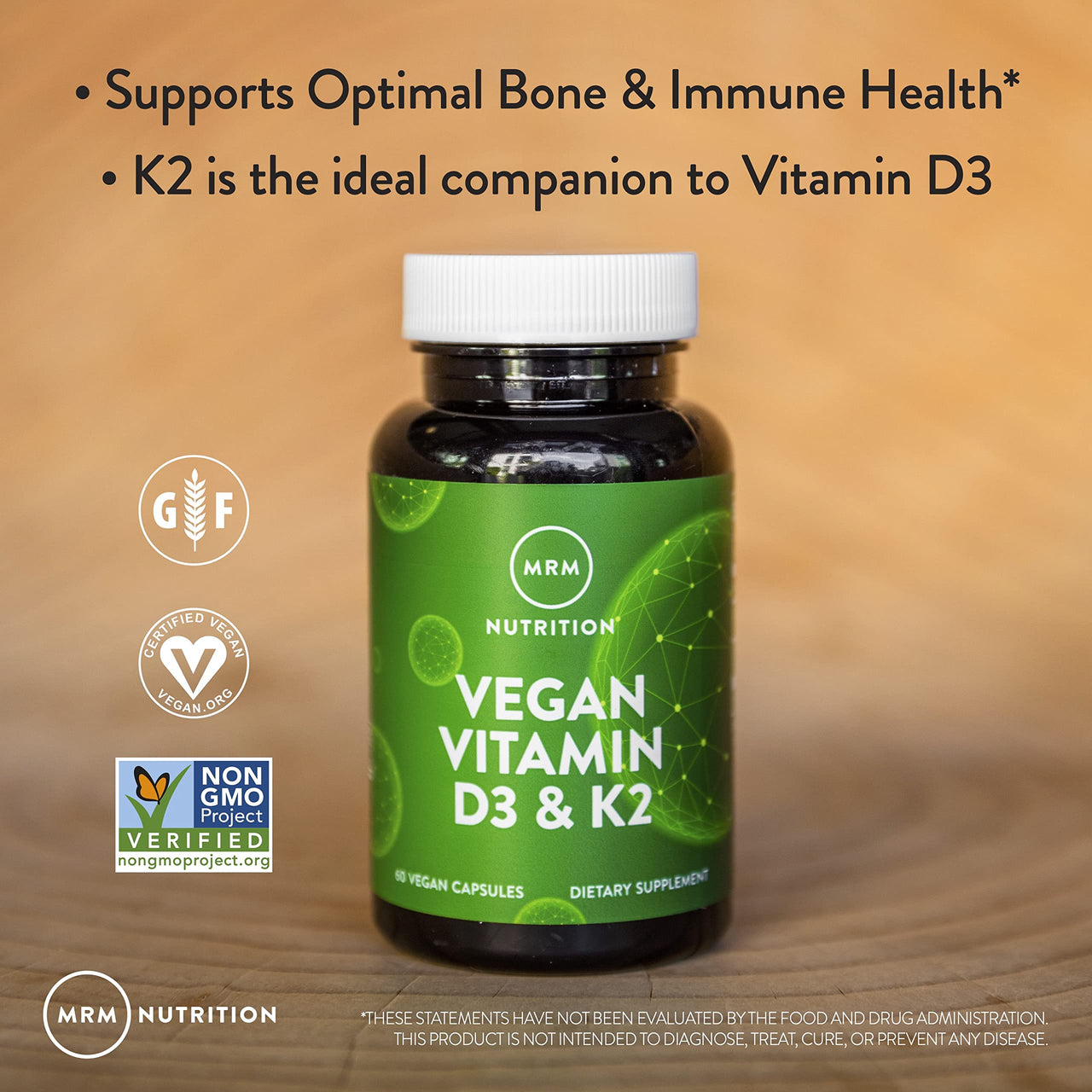 MRM Nutrition Vegan Vitamin D3 & K2 - For Women & Men - Plant‑Based D3 from Lichens with MK‑7 Vitamin K2, Vegan Calcium Absorption Support for Bone & Immune Health, Certified Non‑GMO - 60 Servings