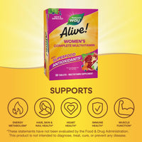 Thumbnail for Nature's Way Alive! Women's Energy Multivitamin Tablets, Supports Cellular Energy*, Fruit and Veggie Powder Blend (100mg per Serving), 50 Tablets