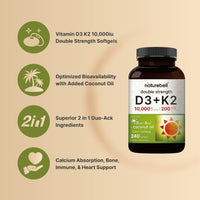 Thumbnail for NatureBell Vitamin D3 K2 (10,000 IU Vitamin D + 200mcg Vitamin K MK-7) 240 Softgels with Coconut Oil for Complete Absorption | Bone, Heart, Immune, & Calcium Support | One a Day, Non-GMO