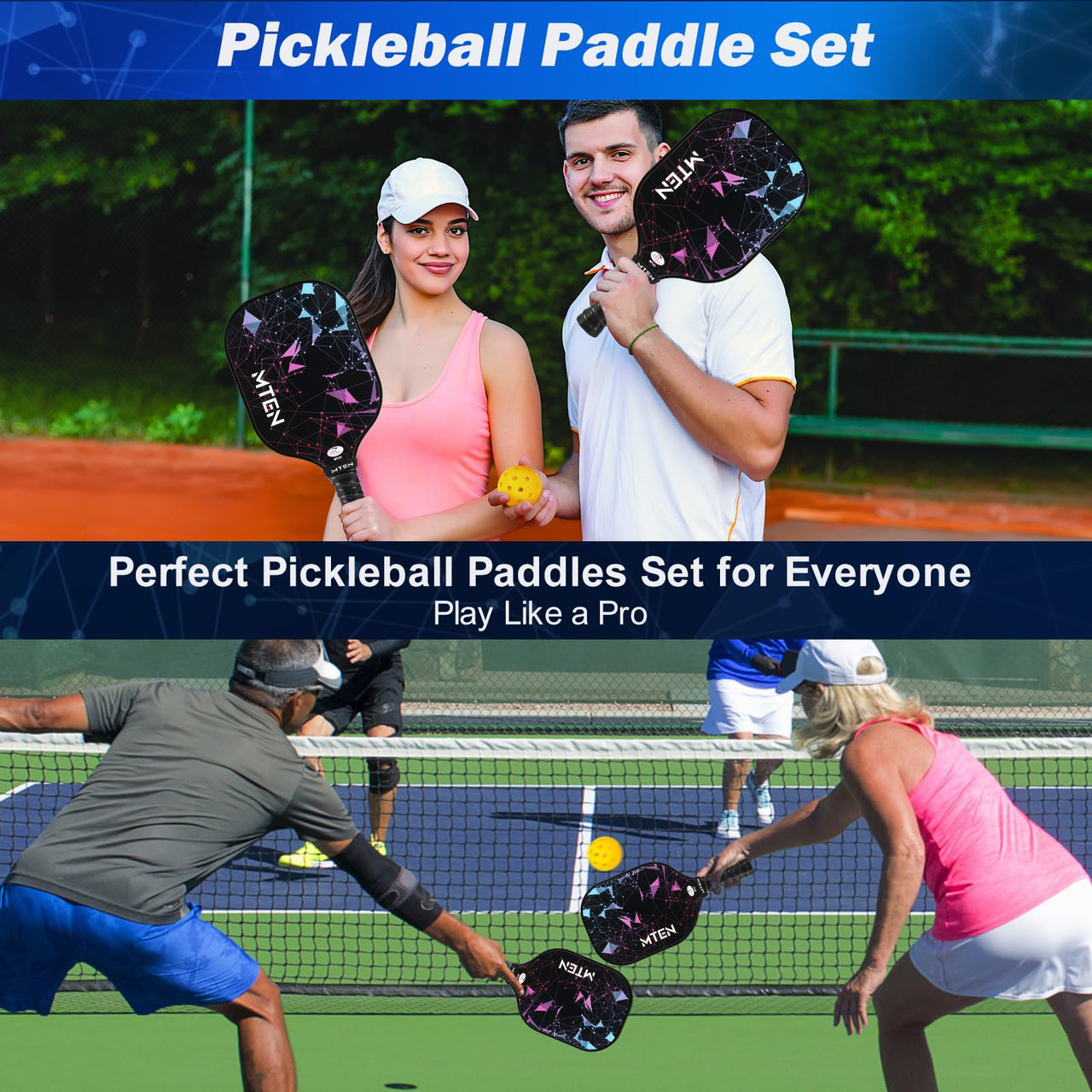 MTEN Pickleball Paddles Set of 2, USAPA Approved Fiberglass Surface Pickleball Set with 2 Pickleball Rackets,4 Pickleball Balls,1 Portable Carry Bag, Pickle Racket Set for Men Women