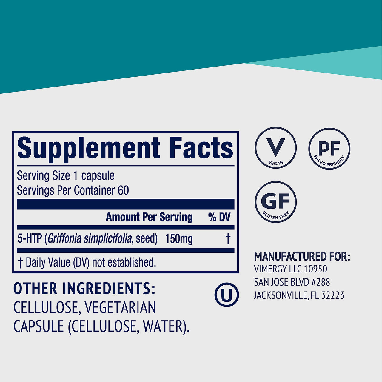 Vimergy 5-HTP Capsules– Clean Formula Supporting a Healthy Mood, Better Sleep and May Enhance Serotonin Levels.* Kosher and Vegan. – (60 ct.)