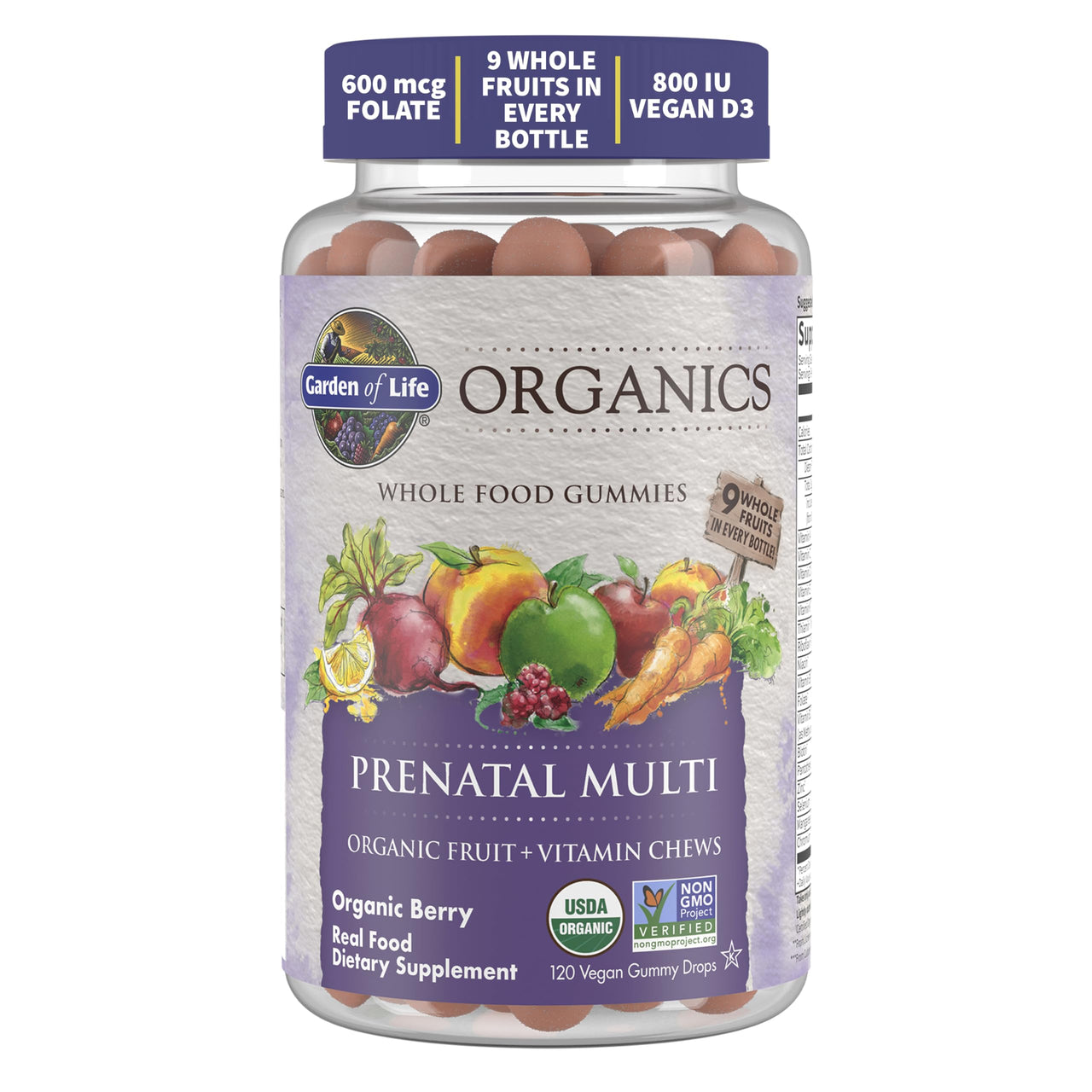 Garden of Life Organics Prenatal Gummies Multivitamin with Vitamin D3, B6, B12, C & Folate for Healthy Fetal Development - 120 vegan gummy drops