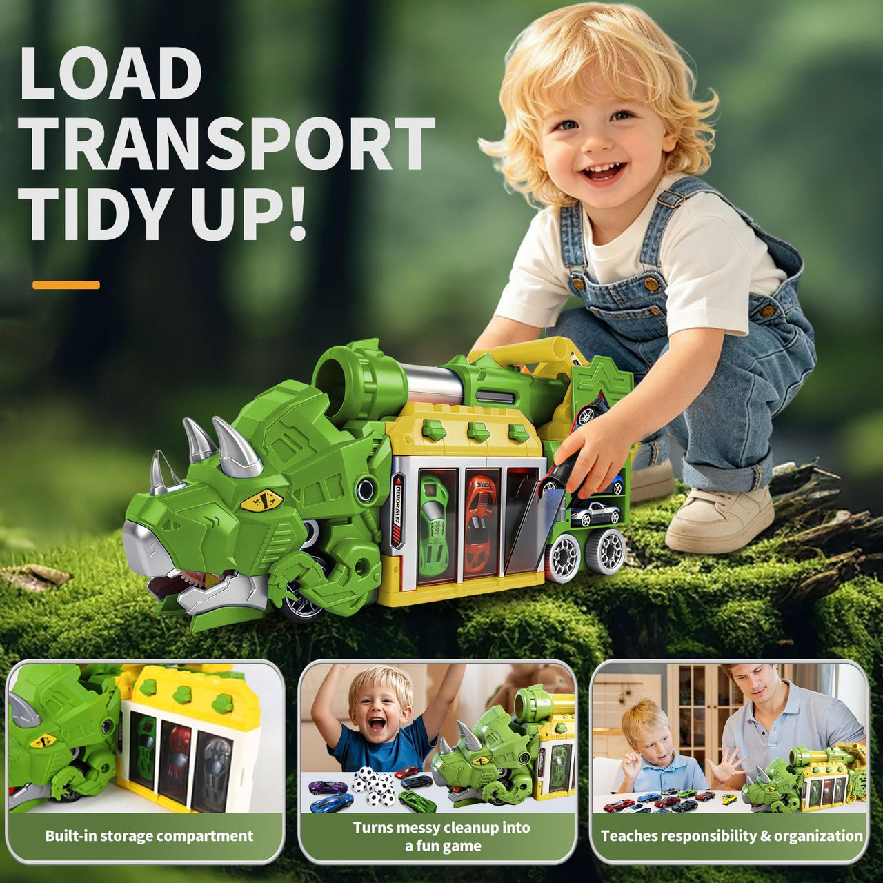 LUCKFUTURE Dinosaur Truck Toy, Green Triceratops Launcher Vehicle - Dino Car Toy that Shoots, Fun Play Set with Cargo Carrier for Toddlers Kids Ages 3 4 5 6 7