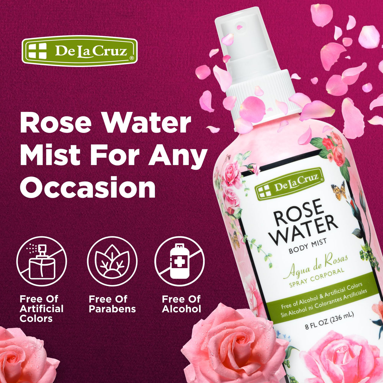 De La Cruz Pure Rose Water Body Mist,Rosewater Spray for Face, Skin & Hair, Rose Toner & Rose Water for Hair Alcohol Free, Paraben Free 8 fl oz (3 Bottles)