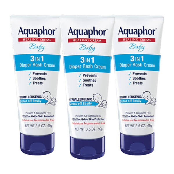 Aquaphor Baby Diaper Rash Cream, 3-in-1 Diaper Rash Relief, 3.5 Oz Tube, (Pack of 3)