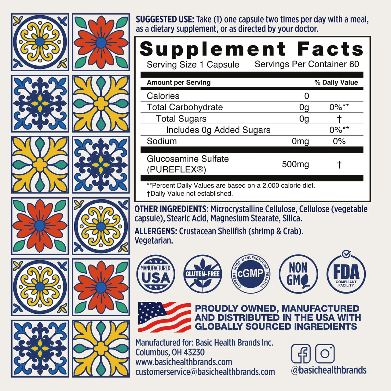 Basic Brands Pura Salud Pureflex Glucosamine Sulfate 500mg â€“ Joints, Vision & Bones Support â€“ Promotes Flexibility, Comfort & Mobility â€“ 60 Capsules, Gluten-Free, Made in USA