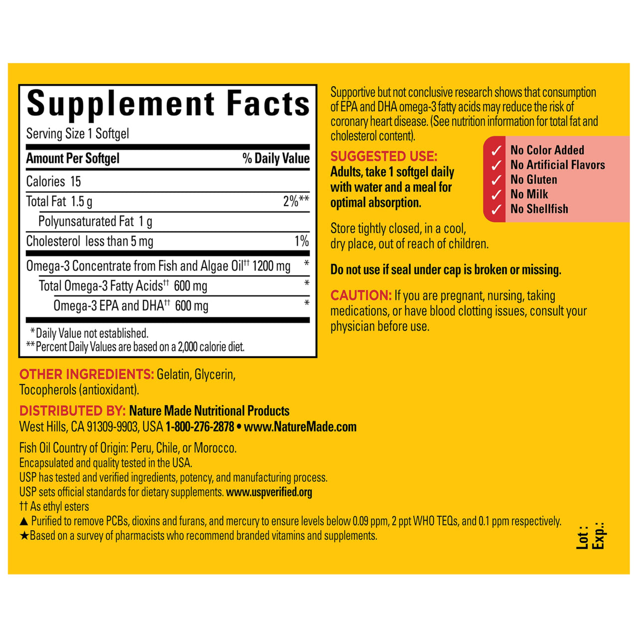 Nature Made Omega 3 Fish Oil and Algae Oil Supplements, 1200mg, Algae Oil & Fish Oil Blend, Omega 3 Supplement for Heart, Brain and Eyes Support, One Per Day, 60 Softgels