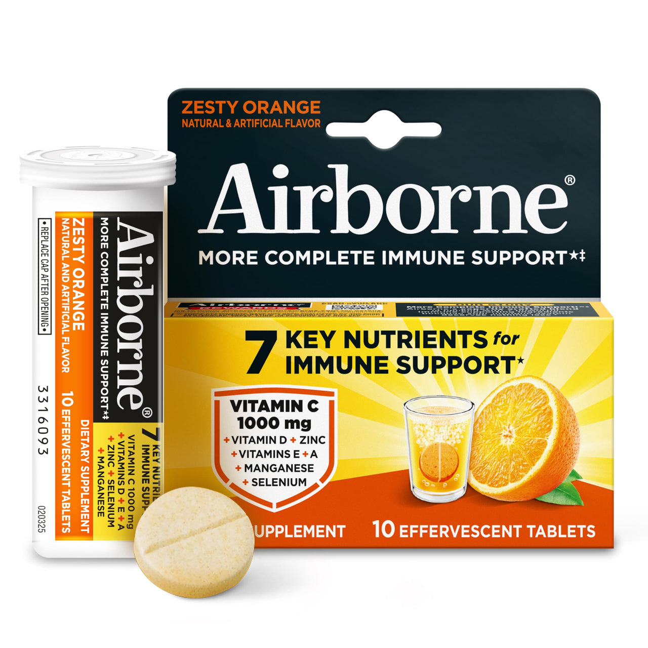 Airborne Immune Support Effervescent Tablets, Zesty Orange Flavor - 10ct with 1000mg Vitamin C + Vitamins A, D, E, Zinc, Selenium, Manganese & Herbal Blend - Sugarâ€‘Free, Glutenâ€‘Free