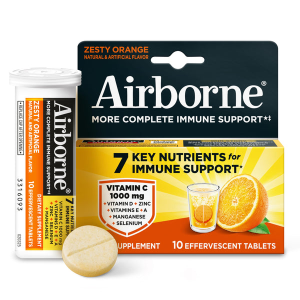 Airborne Immune Support Effervescent Tablets, Zesty Orange Flavor - 10ct with 1000mg Vitamin C + Vitamins A, D, E, Zinc, Selenium, Manganese & Herbal Blend - Sugarâ€‘Free, Glutenâ€‘Free