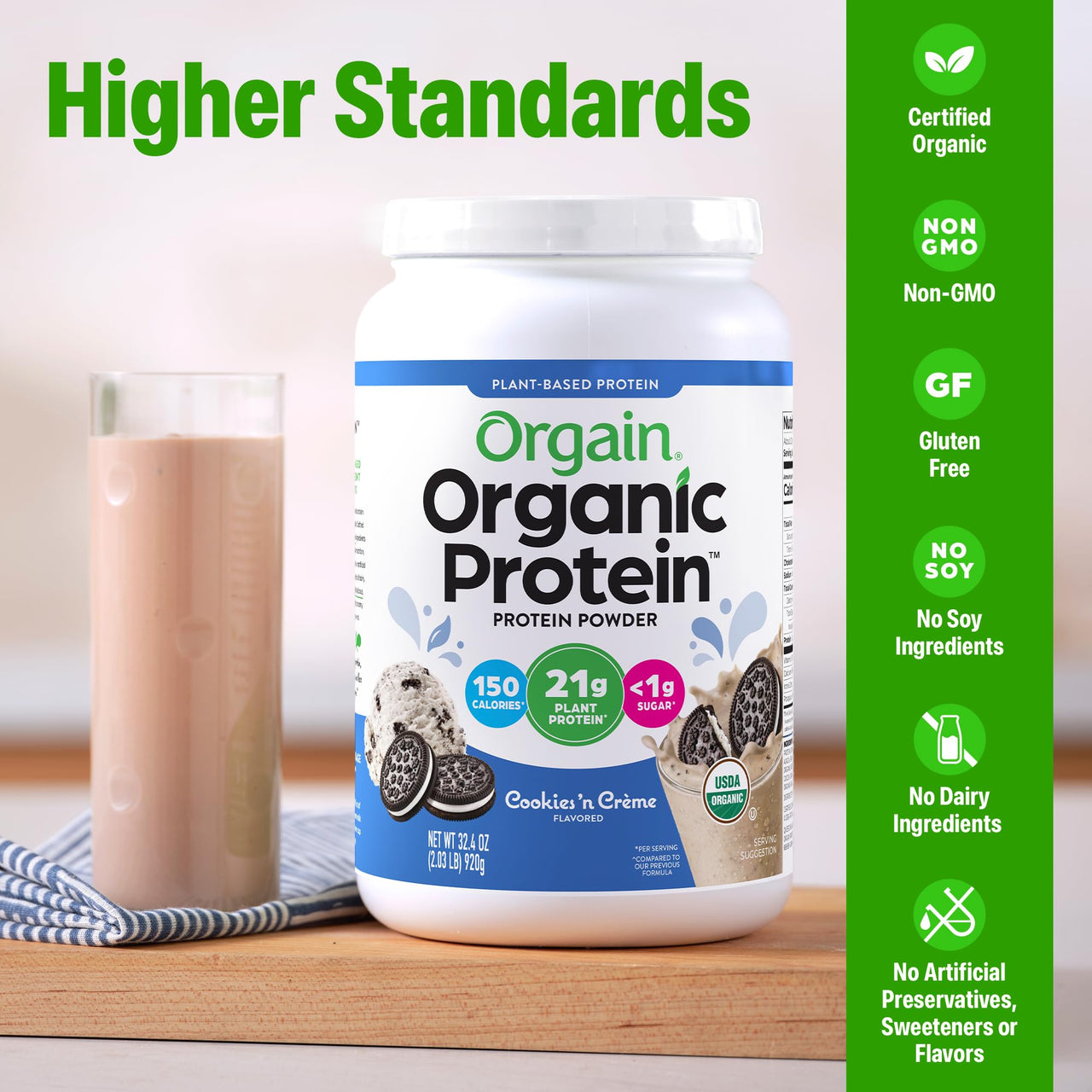 Orgain Organic Vegan Protein Powder, Cookies & Cream - 21g Plant Based Protein, 7g Prebiotic Fiber, Low Net Carb, No Lactose Ingredients, No Added Sugar, Non-GMO, For Shakes & Smoothies, 2.03 lb