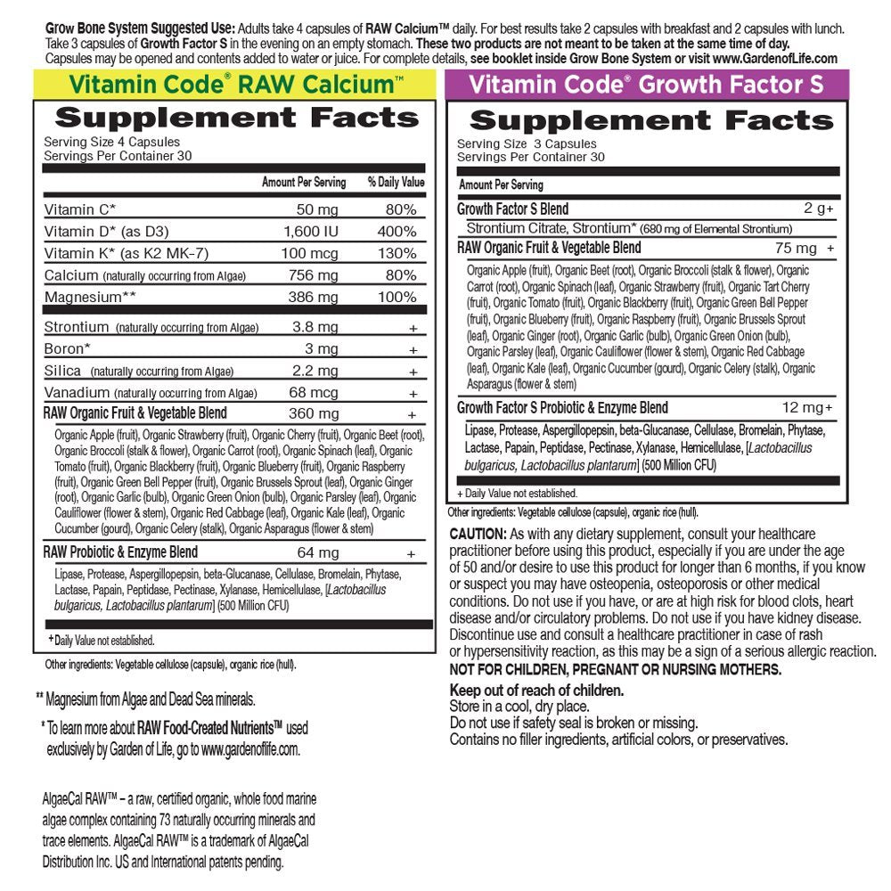 Garden of Life Calcium Supplement - Vitamin Code Grow Bone Made with Whole Foods, Strontium, Magnesium, K2 MK7, Vitamin D3 & C Plus Probiotics for Gut Health, 30 Day Supply