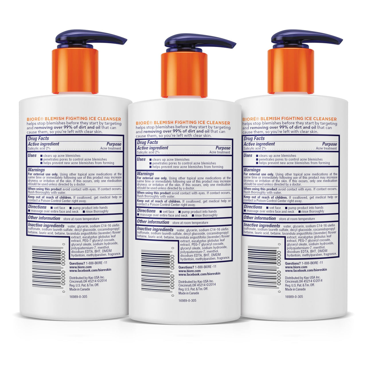 Biore Blemish Fighting Ice Cleanser Face Wash with Salicylic Acid, Clears and Helps Prevent Acne Breakouts, Cools & Refreshes Skin, Oil Free, 6.77 Oz (Pack of 3)