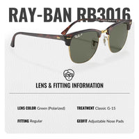 Thumbnail for Ray-Ban RB3016 CLUBMASTER CLASSIC POLARIZED Square Shaped Sunglasses for Men & Women – Includes Official Rayban Eyewear Kit – Ideal Formal & Casual Wear Sunglasses – G-15 Green Lens