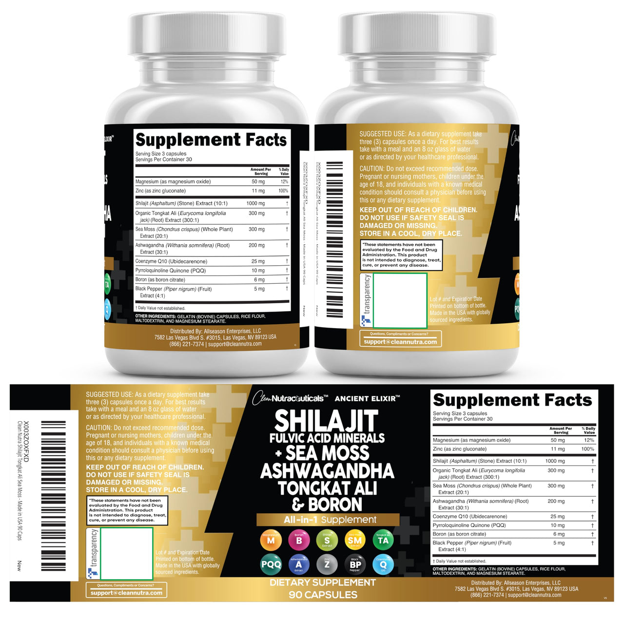 Clean Nutraceuticals Shilajit Supplement for Men with Sea Moss, Tongkat Ali, Ashwagandha, Boron, Zinc, CoQ10, PQQ - Fulvic Acid Capsules - Energy Support - 90 Count - Resin, Gummy & Powder Alternative