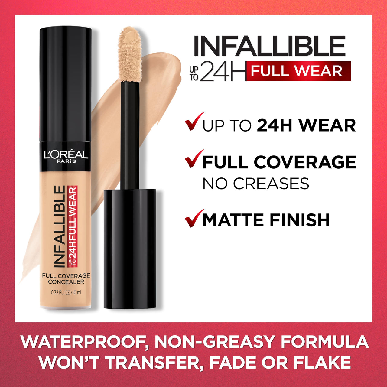 L'Oreal Paris Makeup Infallible Full Wear Waterproof Matte Concealer, Full Coverage, Ivory, 0.33 fl. oz.