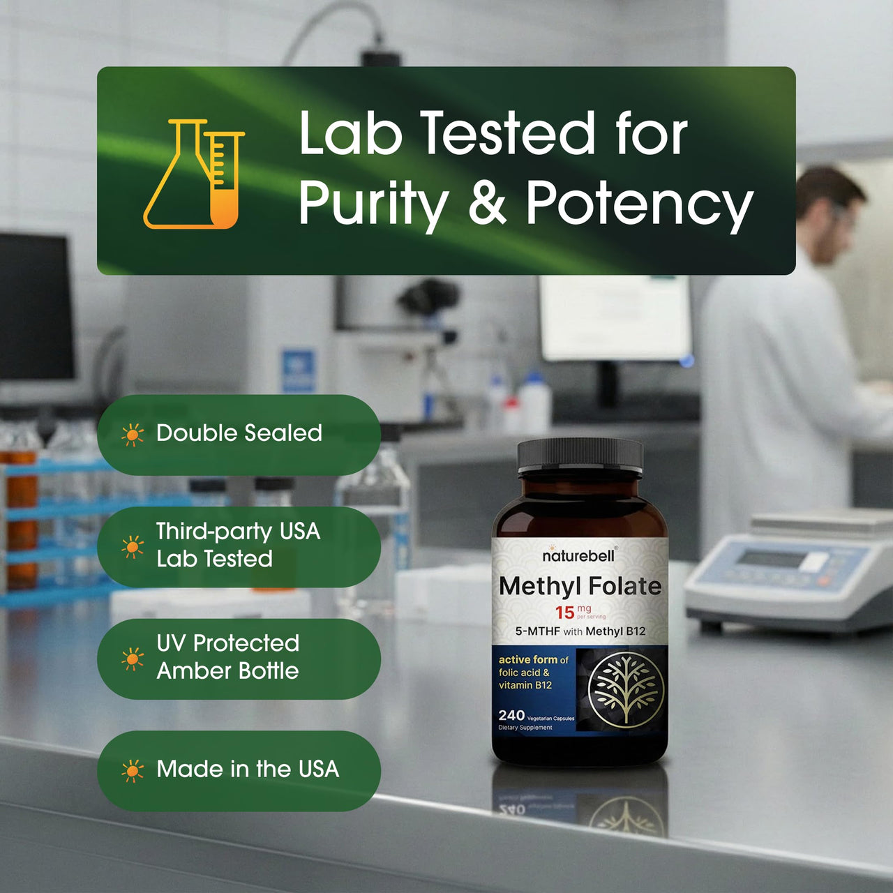 NatureBell Methyl Folate 15mg - 240 Capsules - 5-MTHF with Methyl B12-15mg L-Methylfolate & 1,000mcg Vitamin B12 - Energy & Cognitive Support Supplement* - Gluten-Free & Non-GMO
