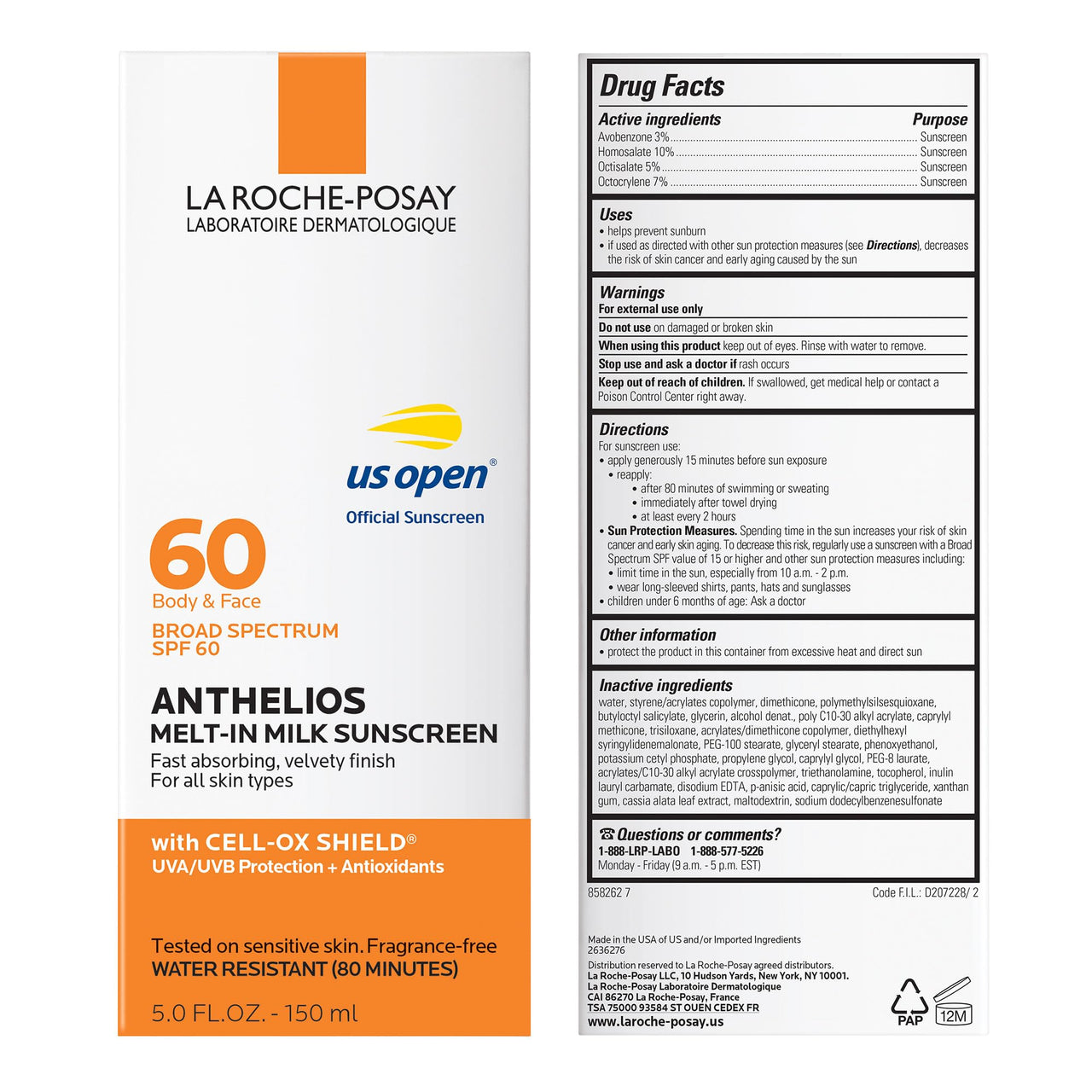 La Roche-Posay Anthelios Melt-In Milk Sunscreen SPF 60, Sunscreen For Body & Face, Broad Spectrum SPF + Antioxidants, Oil Free, Lightweight & Fast Absorbing, Oxybenzone Free