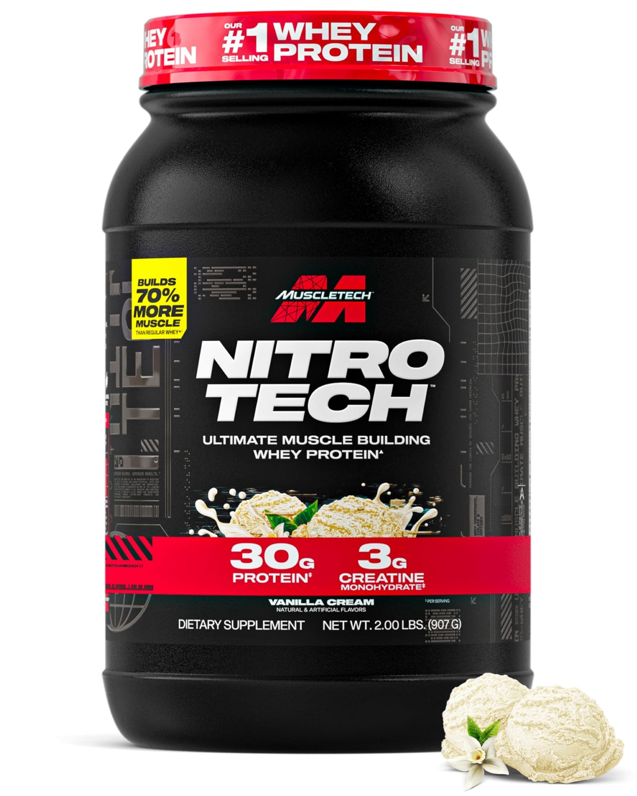 Muscletech Whey Protein Powder (Vanilla Cream, 2.2 Pound) - Nitro-Tech Ultimate Muscle Building Formula with Whey Protein Isolate & Peptides - 30g of Protein, 3g of Creatine & 6.8g of BCAA