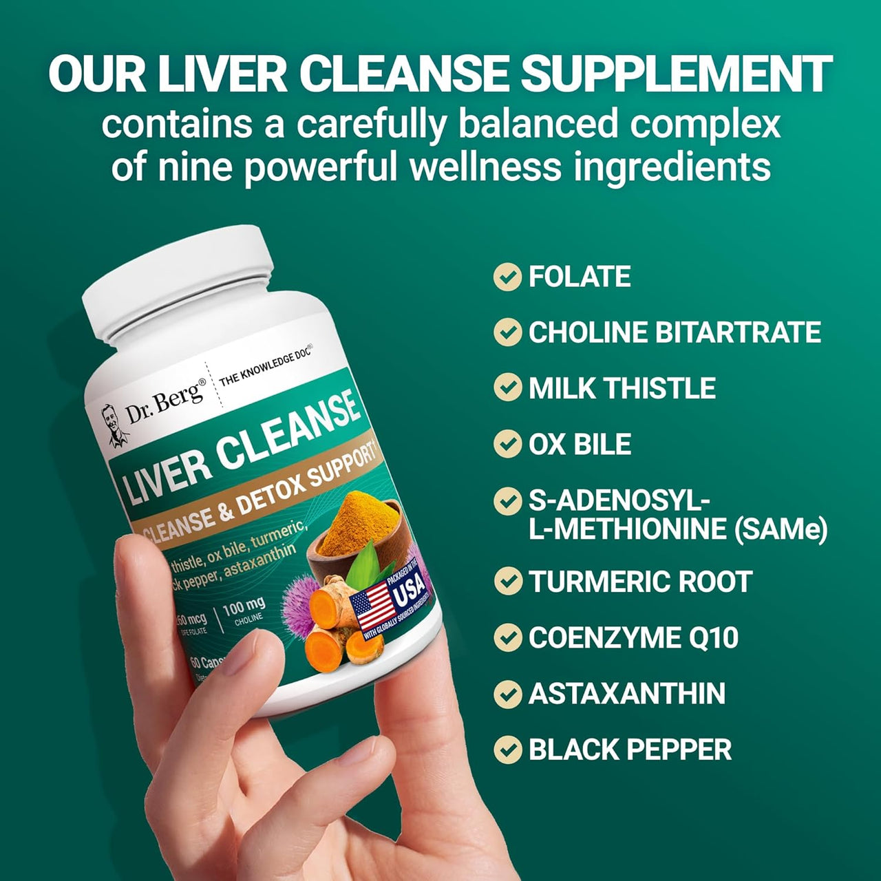 Dr. Berg Liver Cleanse Detox Capsules w/Unique Blend of Milk Thistle, Ox Bile & Folate - Liver Supplement Includes Turmeric, Black Pepper & Choline - 60 Capsules