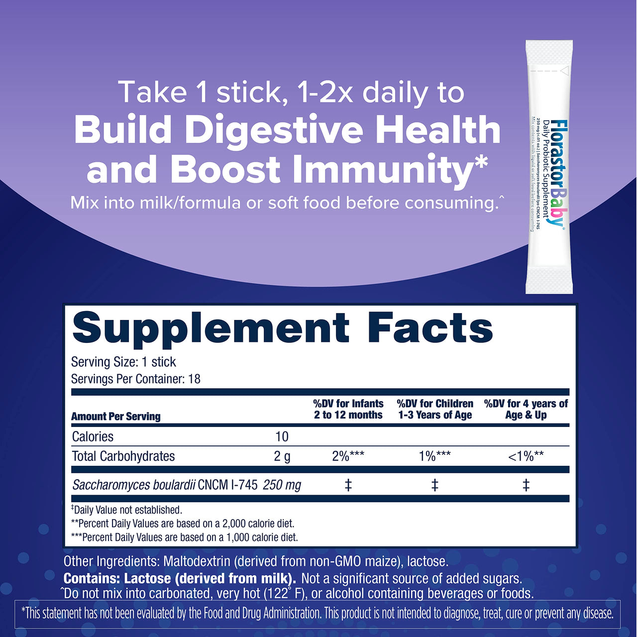 Florastor Baby Daily Probiotic Supplement, Powder Mixes with Milk, Formula or Soft Foods, Saccharomyces Boulardii CNCM I-745 (18 Powder Sticks)