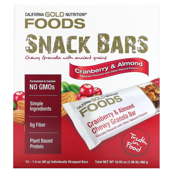 Image 1 of California Gold Nutrition Foods, Cranberry & Almond Chewy Granola Bars, 12 Bars, 1.4 oz (40 g) Each