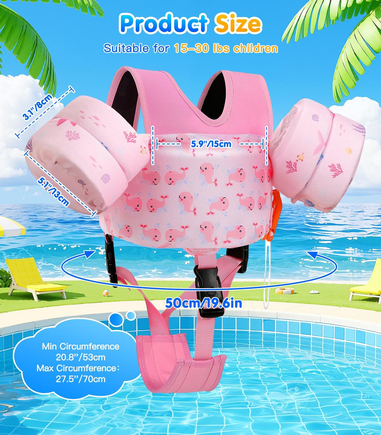 MoKo Swim Arm Floaties 15-30 lbs, Toddler Swim Vest for Kids Cartoon Swimming Water Wings with Crotch Strap, Pool Float Vests Sleeves Shoulder Straps Arm Band for Children, Baby Pink Whale