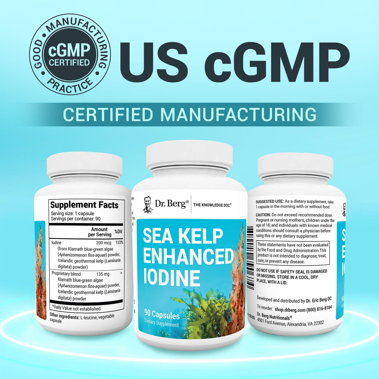 Dr. Berg Sea Kelp Enhanced Iodine - 200 mcg of Premium Iodine - Seaweed Blend Includes Klamath Blue-Green Algae & Sea Kelp - 90 Capsules