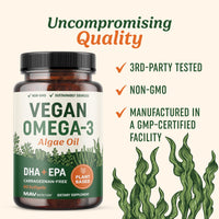 Thumbnail for Vegan Omega 3 Algae Oil | Plant Based DHA EPA | Sustainably Sourced, No Carrageenan, Non GMO | Heart, Brain, and Eye Health | Fish Oil Alternative | Algae Omega 3 Supplement | 60 Softgel Capsules