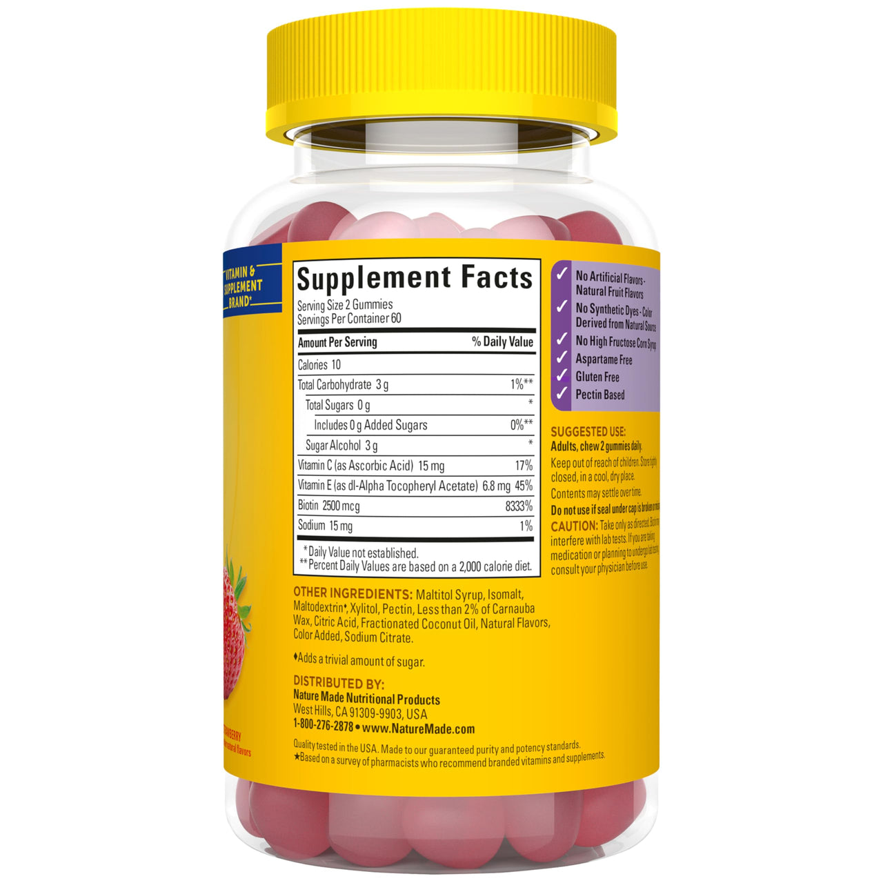 Nature Made Zero Sugar Hair Skin Nails Gummies, Biotin 2500 mcg per Serving, 120 Sugar Free Gummies, 60 Day Supply