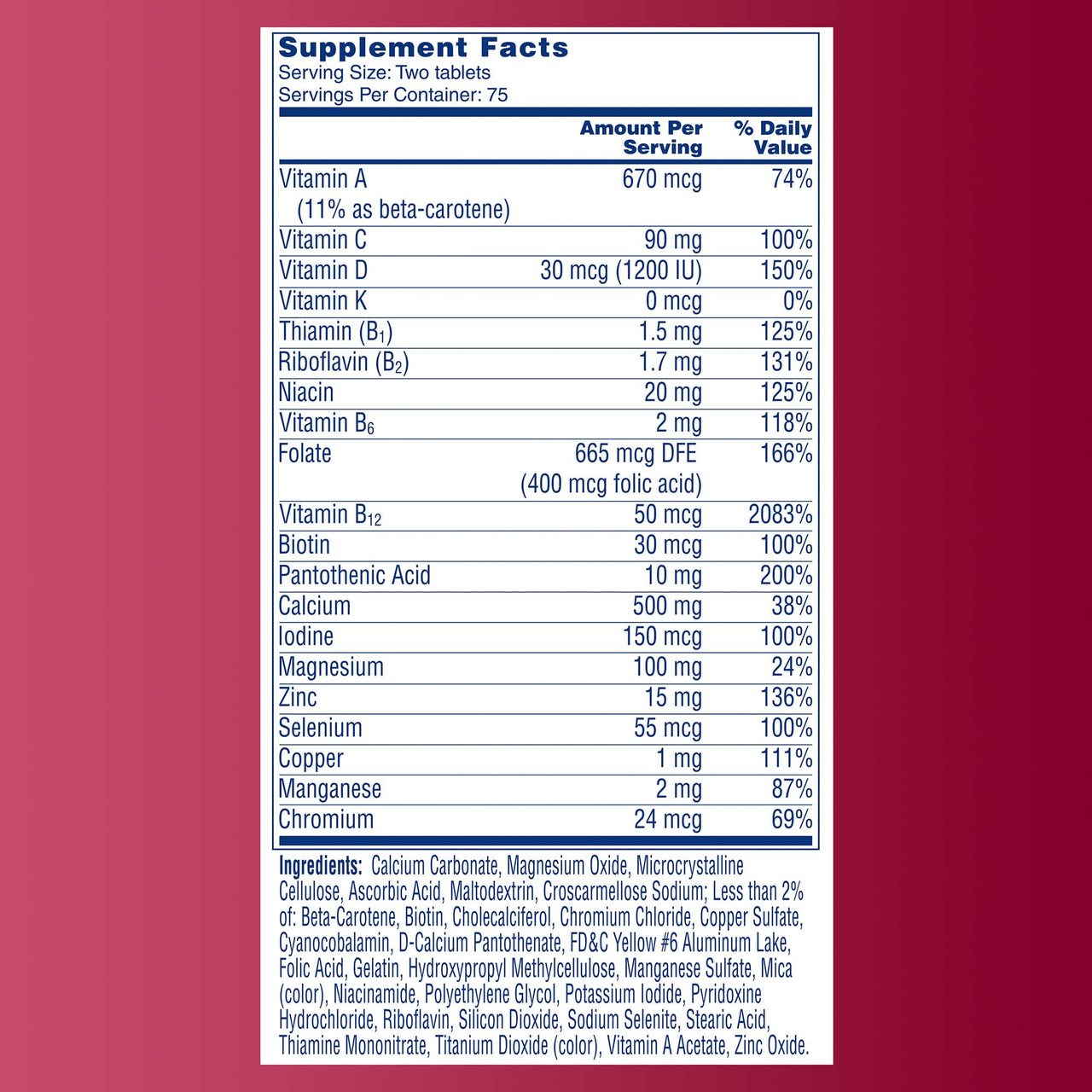 One A Day Proactive 65+, Mens & Womens Multivitamin, Supplement with Vitamin A, C, D, and Zinc to Support Bone Health & Cell Health, Calcium, Folic Acid, Tablet 150 Count