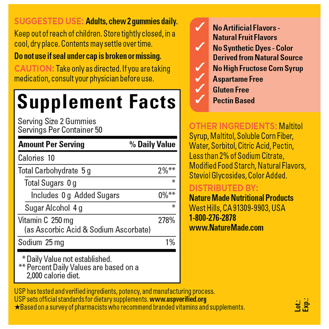 Nature Made Zero Sugar Vitamin C Gummies 250 mg Per Serving, Immune & Antioxidant Support, Aspartame Free, 100 Sugar Free Vitamin C Gummies, 50 Day Supply