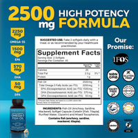 Thumbnail for Viva Naturals Triple Strength Omega 3 Fish Oil Pills – 2500 mg High-Potency Formula with 2250 mg Omega 3 Fatty Acids (Including EPA, DHA, DPA) in rTG Form for Absorption – IFOS Certified, 90 Softgels