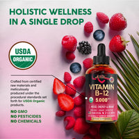 Thumbnail for USDA Organic Vitamin B12 Sublingual Drops - 5000 mcg Liquid Vegan Methylcobalamin for Women & Men - Energy Boost, Focus & Mood, Brain Health Support - Maximize Absorption - 2 Month Supply, 2 fl oz