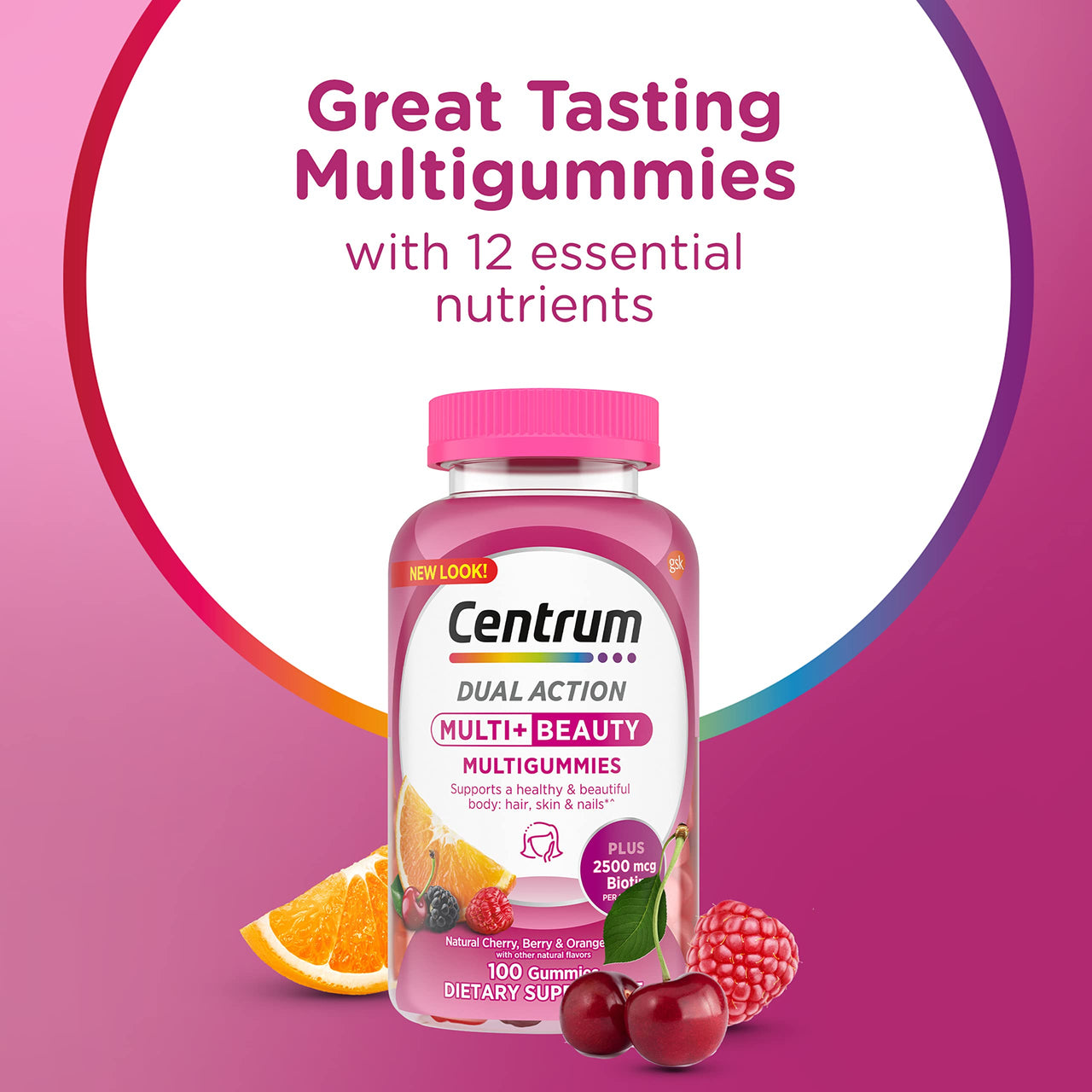 Centrum MultiGummies Multi+ Beauty Dual Action Multivitamin, Specially Designed with Biotin for Healthy Hair, Skin and Nails, Cherry/Berry/Orange Flavors - 100 Count